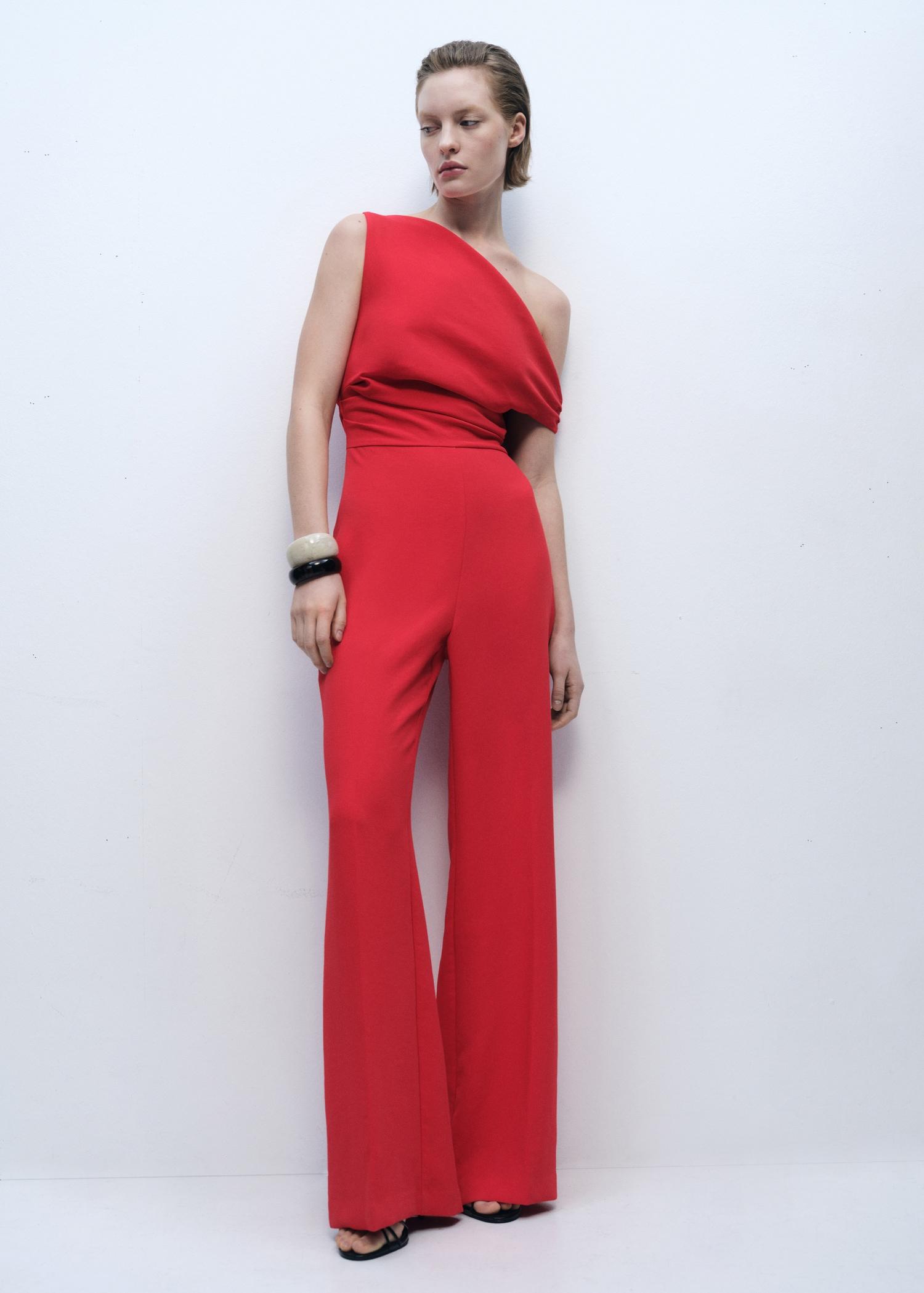 Long asymmetrical draped jumpsuit - Women | MANGO USA Product Image