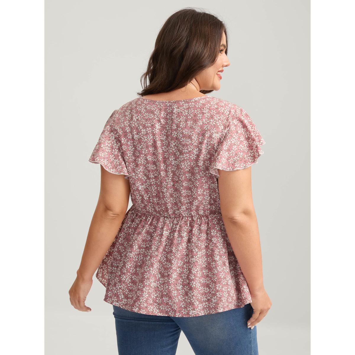 Plus Size Dirtypink Ribbon Neck Floral Print Ruffled Blouse Women Cap Sleeve Ribbon-tied collar Everyday-Elegant Blouses BloomChic 10/M Product Image