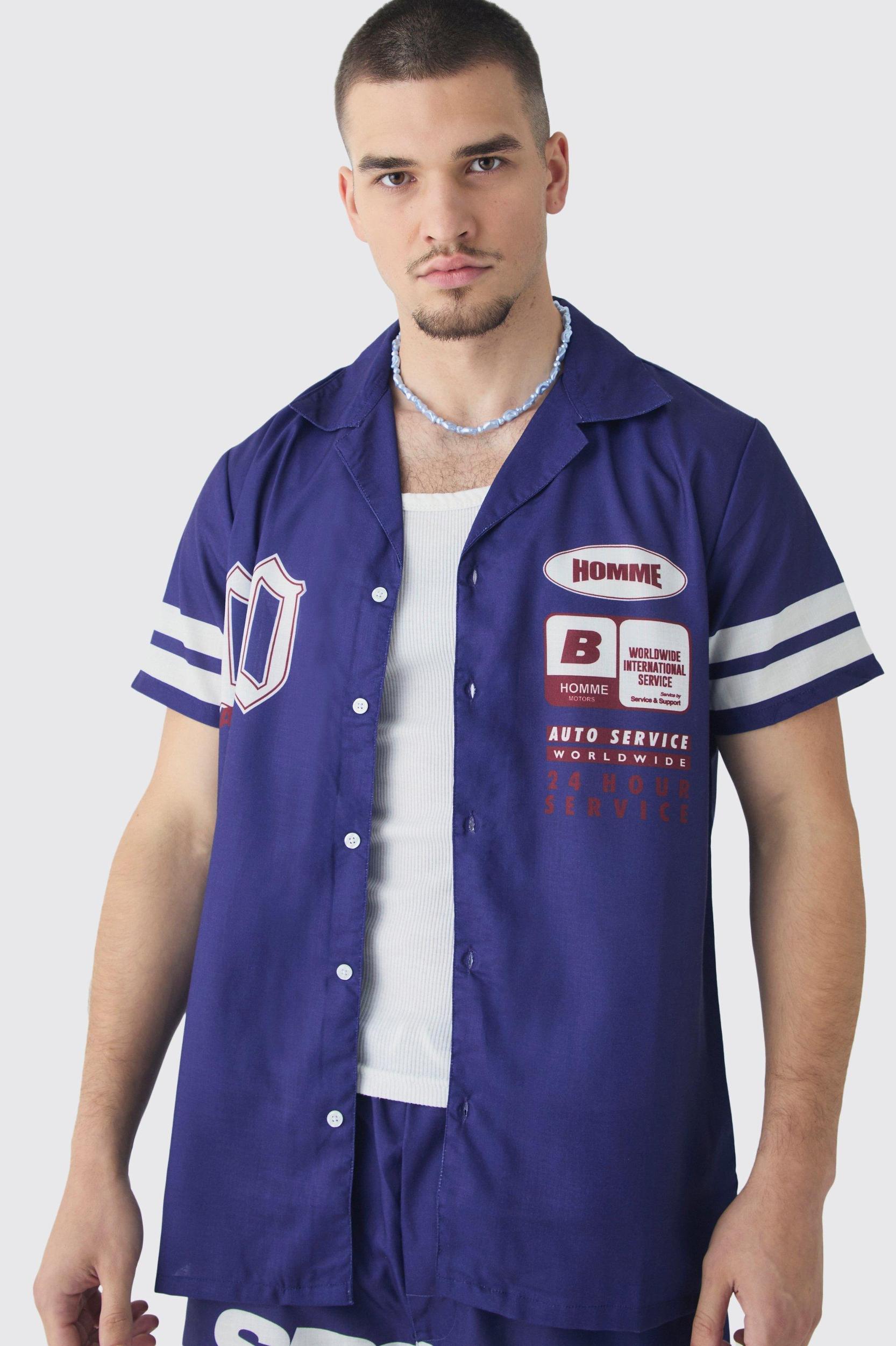 Tall Moto Print Shirt & Short Set In Navy | boohooMAN USA Product Image