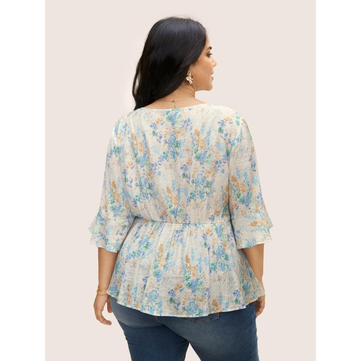 Plus Size LightBlue Floral Bell Sleeve Ruffle Trim Blouse Women Elegant Elbow-length sleeve V-neck Everyday Blouses BloomChic 28/5X Product Image