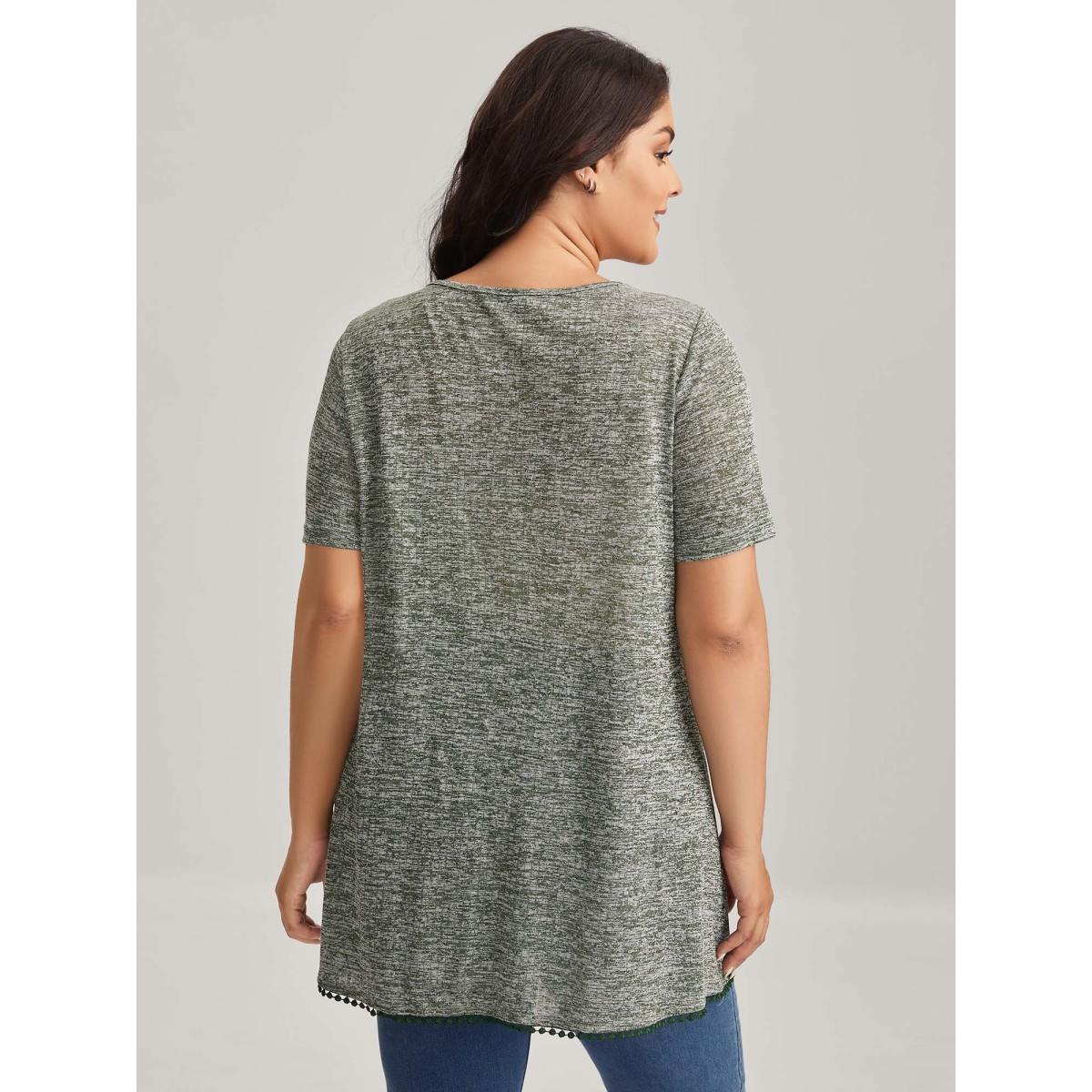Plus Size Heather Lace Overlap Hem Solid T-Shirt Moss Women Leisure Overlapping Round Neck Loose Casual T-shirts BloomChic 22-24/3X Product Image