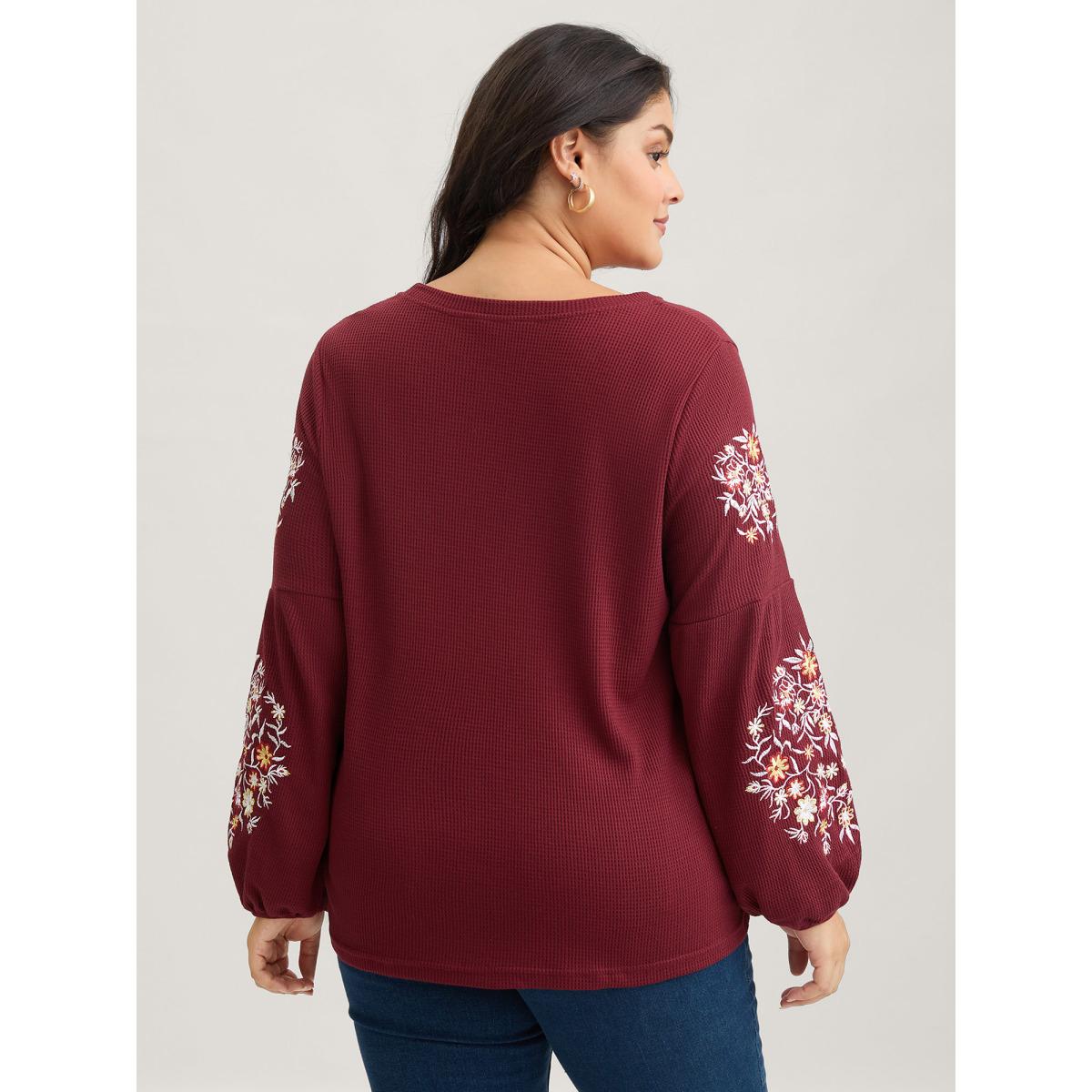 Plus Size Waffle Knit Floral Embroidered Lantern Sleeve T-shirt Burgundy Women Leisure Texture Floral Round Neck Casual T-shirts BloomChic 22-24/3X Product Image