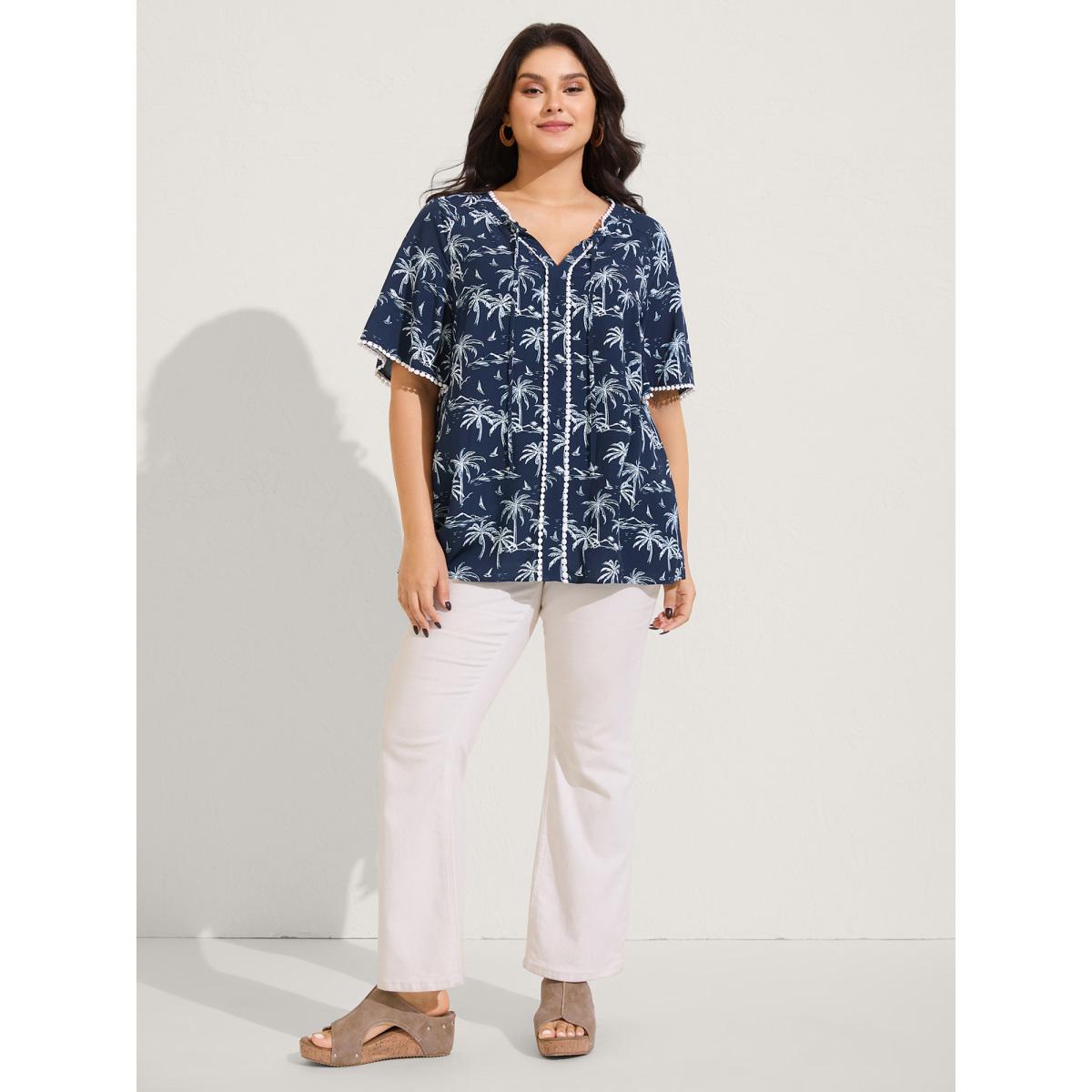 Plus Size Indigo Tropical Print Lace Trim Flowy Blouse Women Short sleeve V-neck Vacation Blouses BloomChic 14-16/1X Product Image