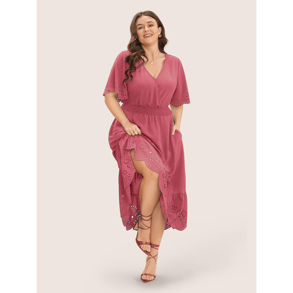 Plus Size Solid Laser Cut Shirred Pocket Wrap Scalloped Trim Flutter Dress DustyPink Women Elegant Non V-neck Short sleeve Curvy Midi Dress BloomChic 28/5X Product Image