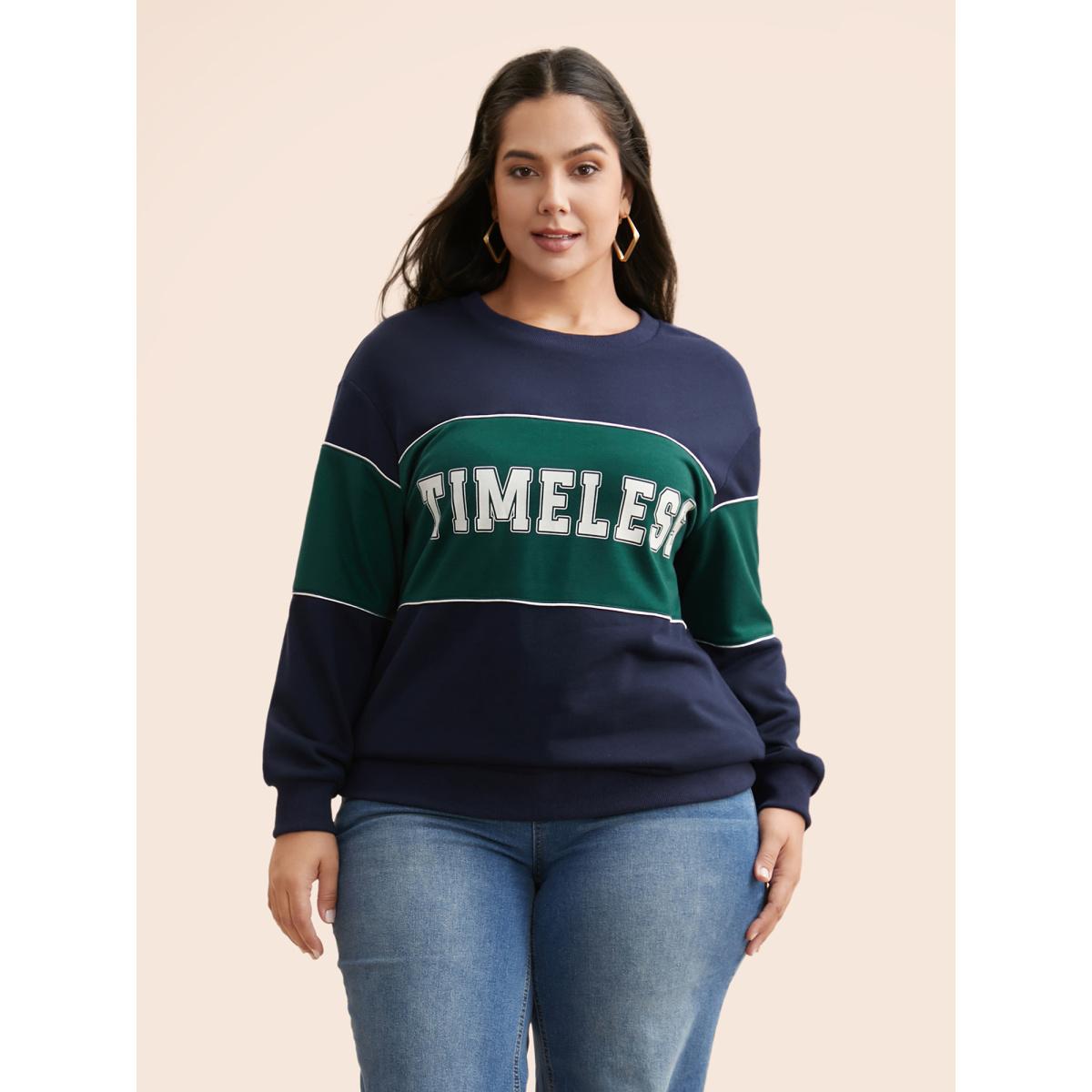 Plus Size Crew Neck Letter Print Contrast Sweatshirt Women Navy Casual Contrast Round Neck Everyday Sweatshirts BloomChic 18-20/2X Product Image