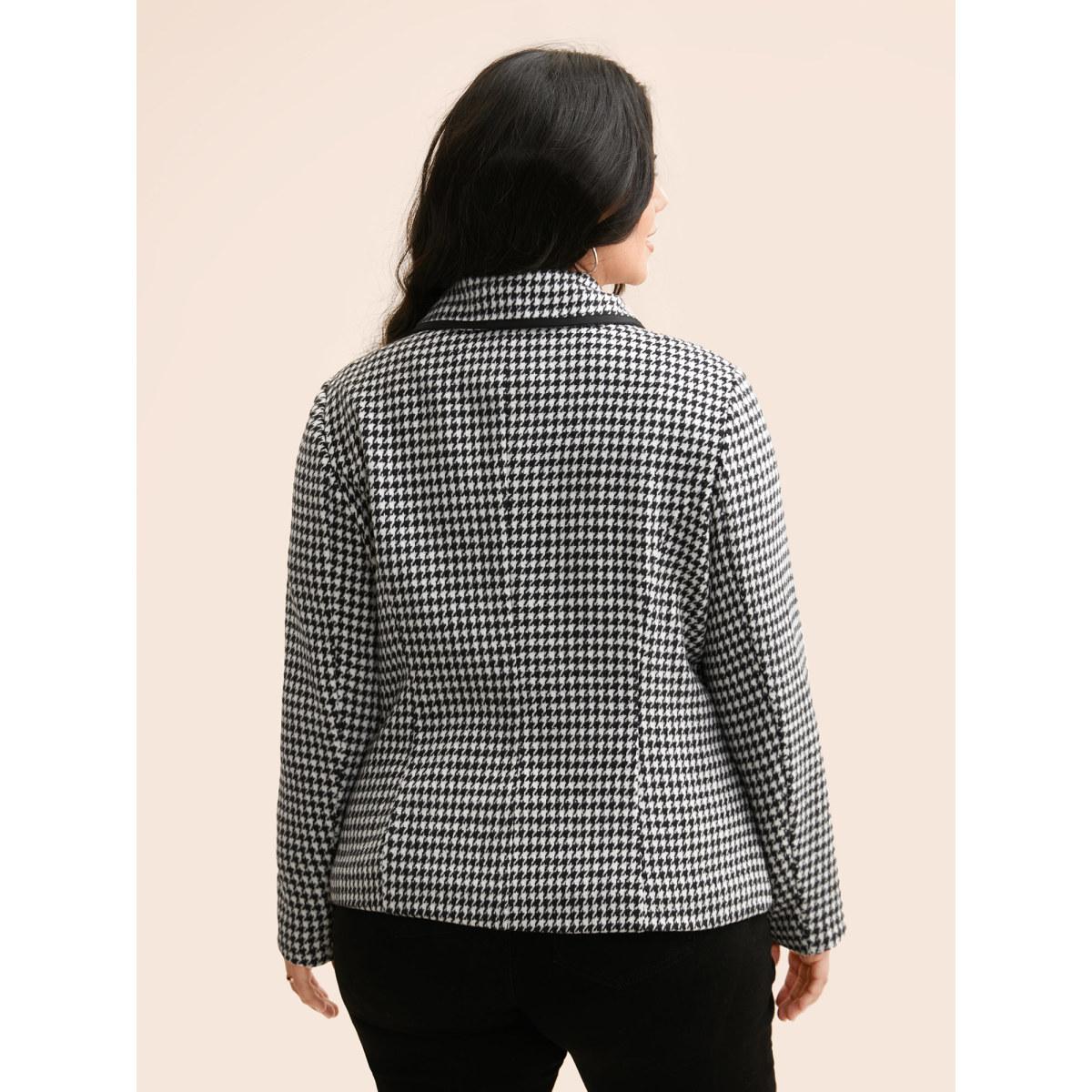 Plus Size Houndstooth Tie Knot Woven Ribbon Jacket Women Black Woven ribbon&lace trim Patch pocket Everyday Jackets BloomChic 18-20/2X Product Image