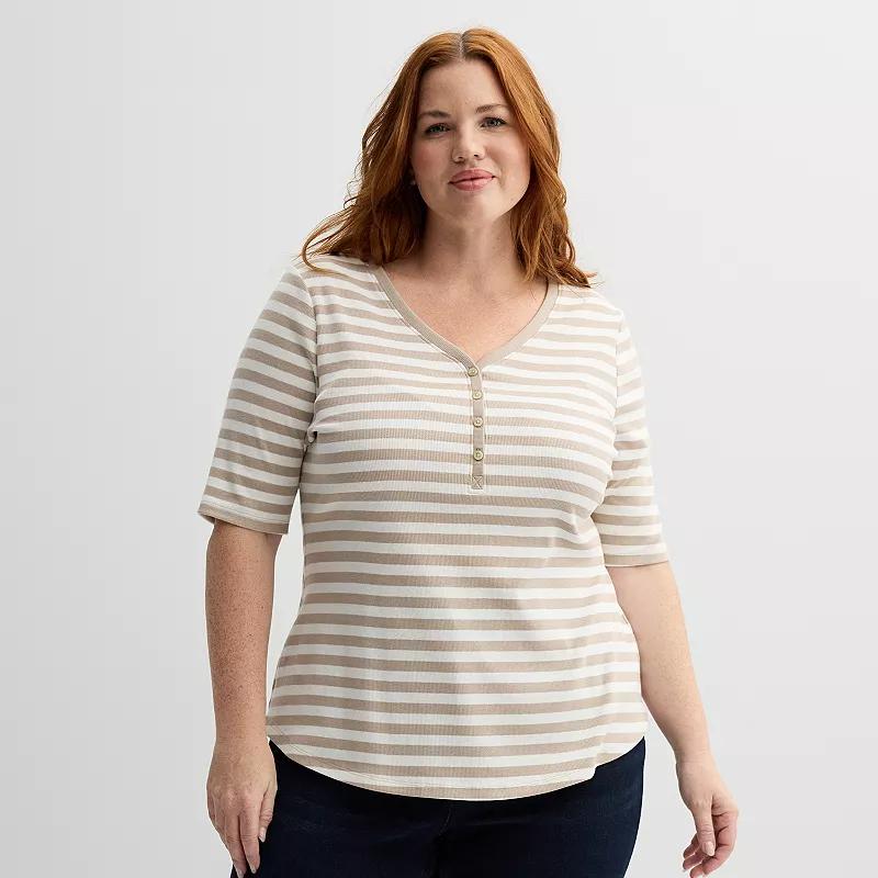 Plus Size Sonoma Goods For Life Slim Fit Elbow Sleeve Henley, Womens Ivory Stripe Product Image