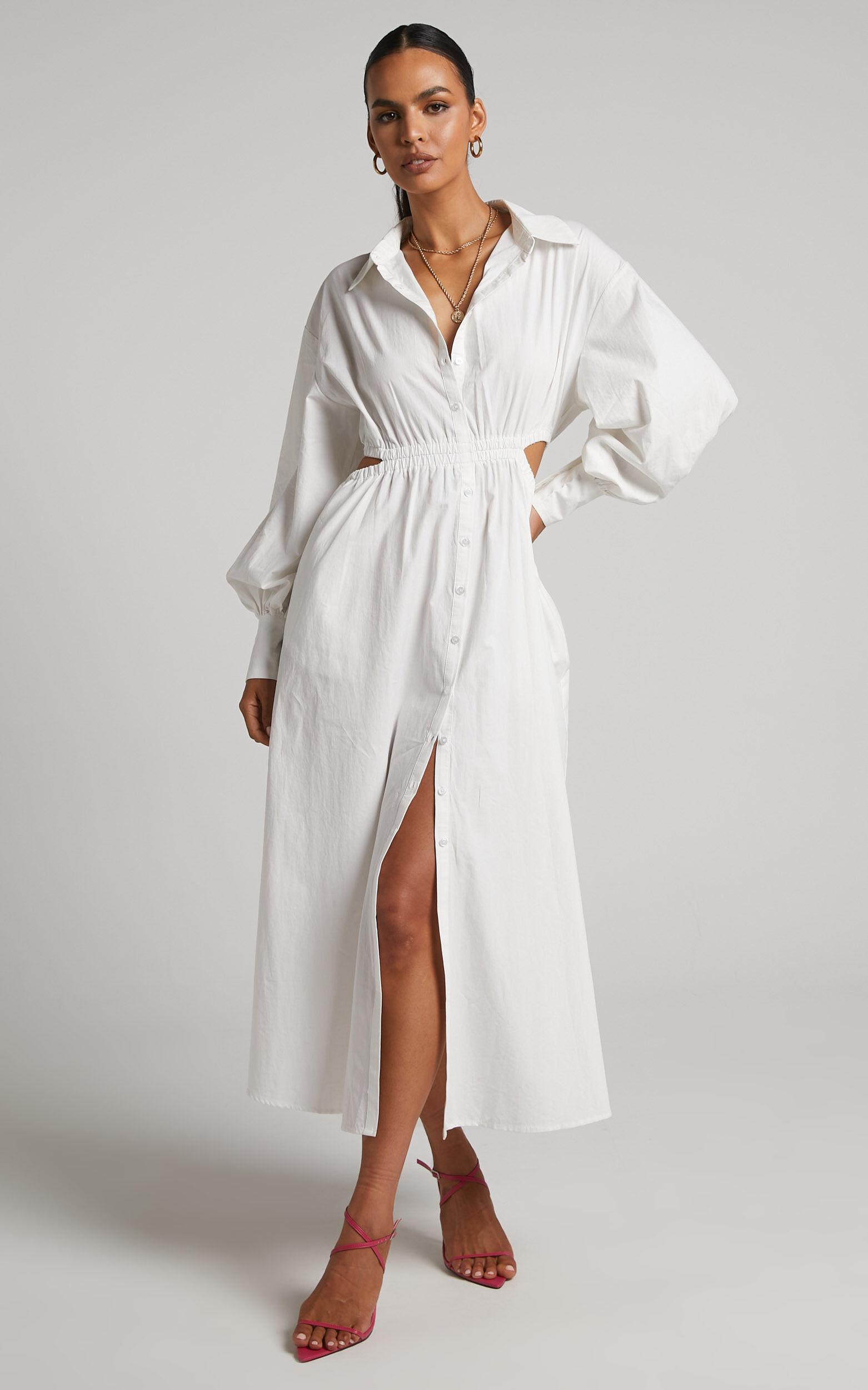 Merabelle Midi Dress - Side Cut Out Collared Long Sleeve Shirt Dress in White Product Image
