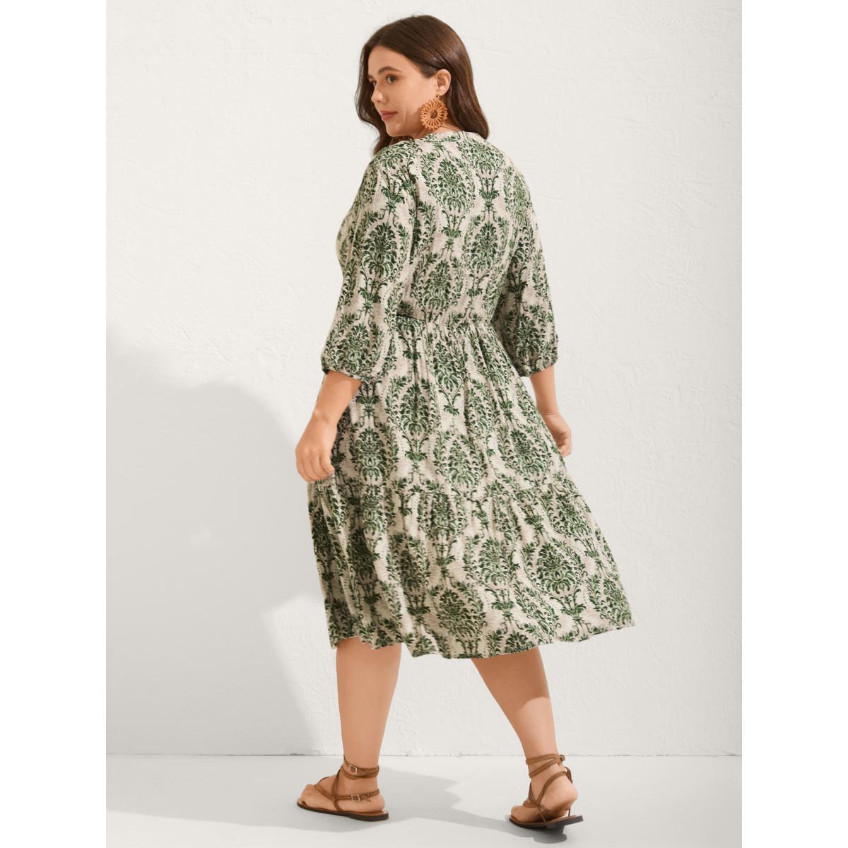 Plus Size Damask Print Tie Knot Puff Sleeve Dress Greenbean Women Resort Tie knot V-neck Elbow-length sleeve Curvy BloomChic 30/6X Product Image