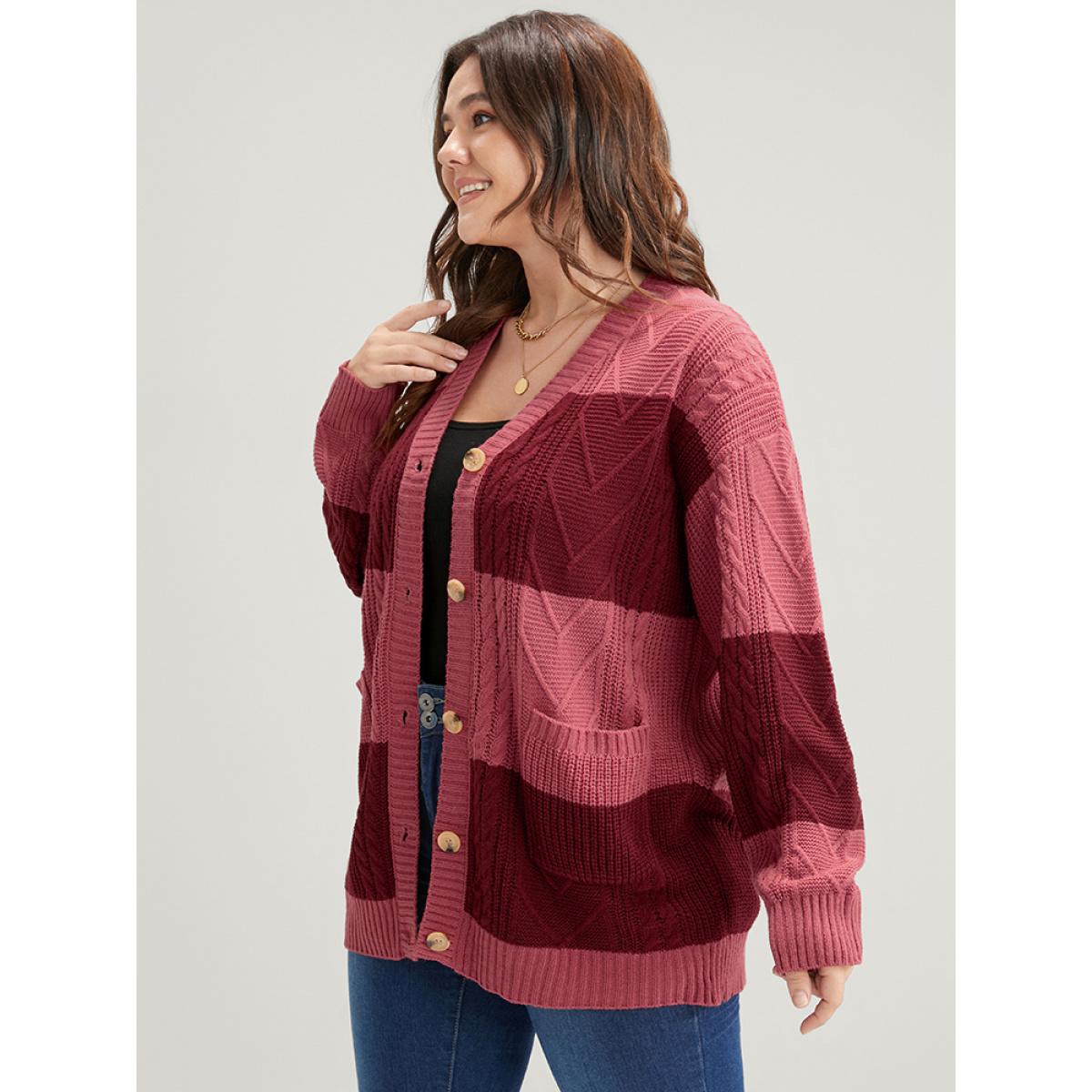 Plus Size Colorblock Contrast Pointelle Knit Pocket Button Front Cardigan Multicolor Women Casual Loose Long Sleeve Dailywear Cardigans BloomChic 10/M Product Image