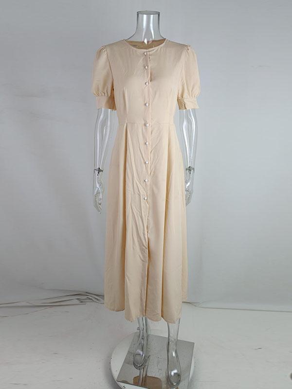 High Waisted Loose Buttoned Round-Neck Midi Dresses Product Image