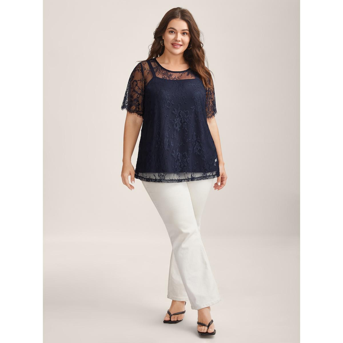 Plus Size Two-Piece Romantic Sheer Lace Lined T-Shirt Indigo Women Romantic See through Round Neck Elegant T-shirts BloomChic 30/6X Product Image