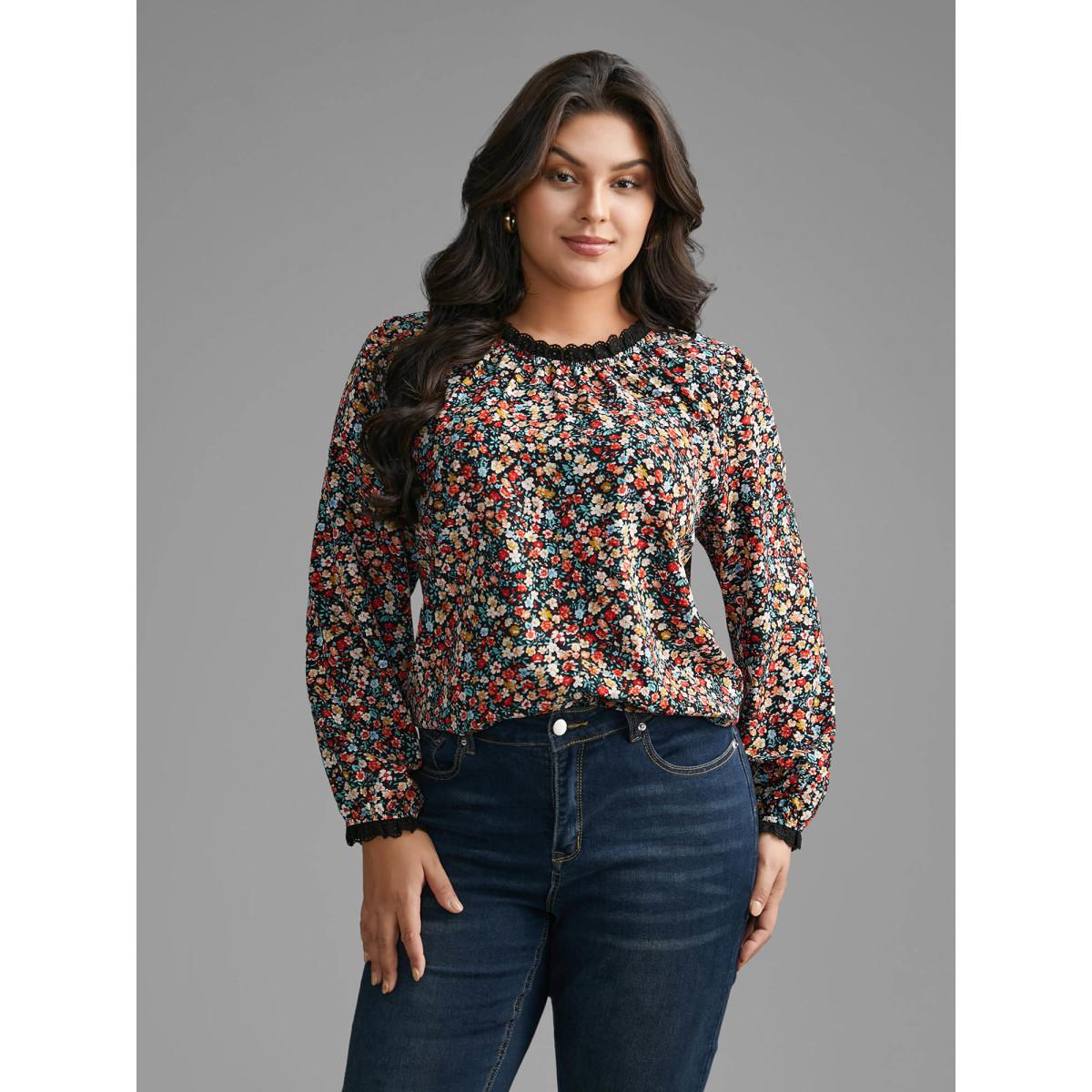 Plus Size Black Ditsy Floral Lace Patchwork Slit Hem Blouse Women Elegant Long Sleeve Stand-up collar Everyday Blouses BloomChic 10/M Product Image