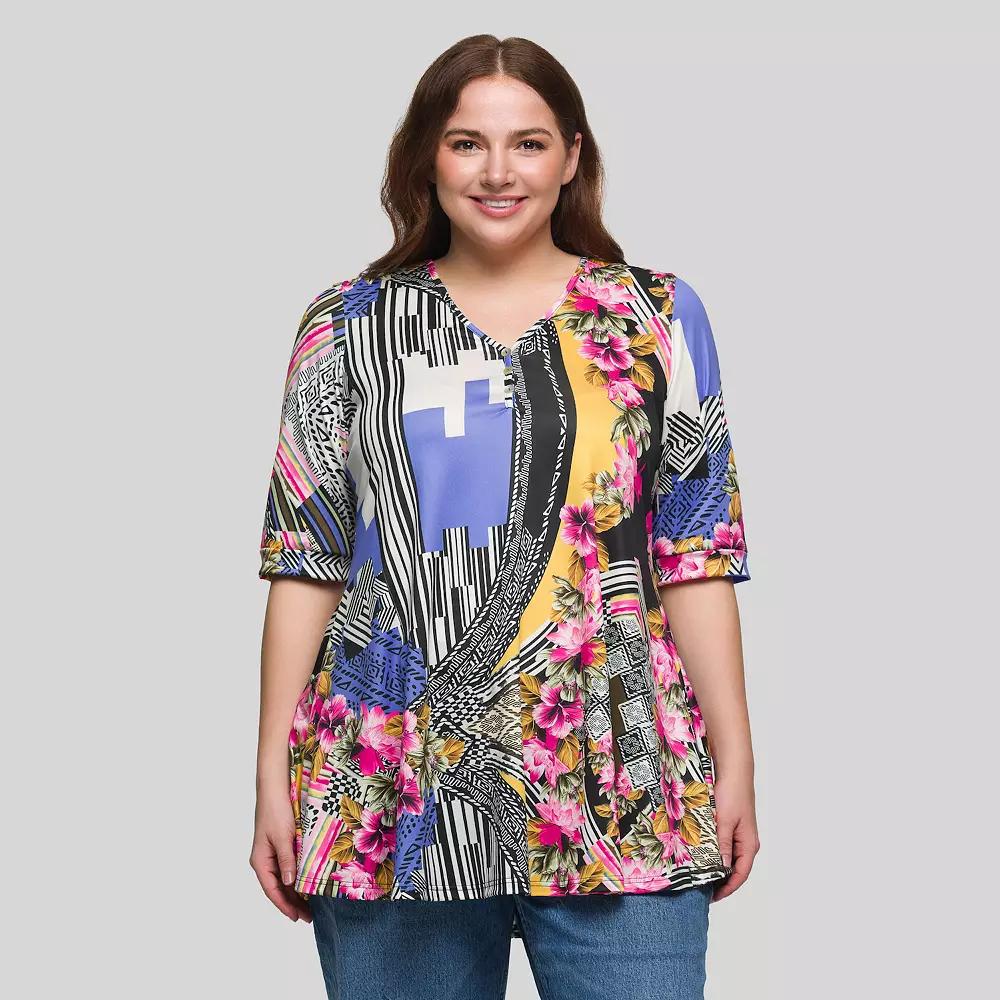 Plus Size 24Seven Comfort Apparel Floral Print Elbow Sleeve V-Neck Henley Shirt, Women's, Size: 3XL, Blue Team Product Image