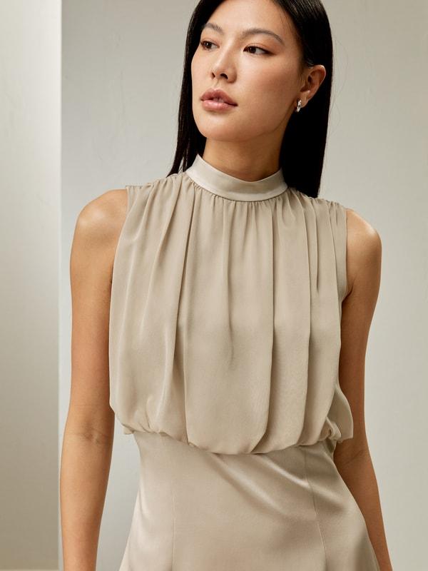 Pleated Sleeveless Midi Silk Dress Product Image