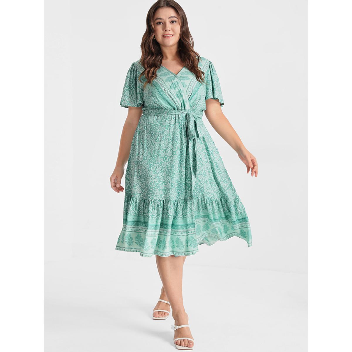 Plus Size Ditsy Floral Ruffled Knotted Wrap Dress Aquamarine Women Elegant Ruffles V-neck Short sleeve Curvy Knee Dress BloomChic 22-24/3X Product Image