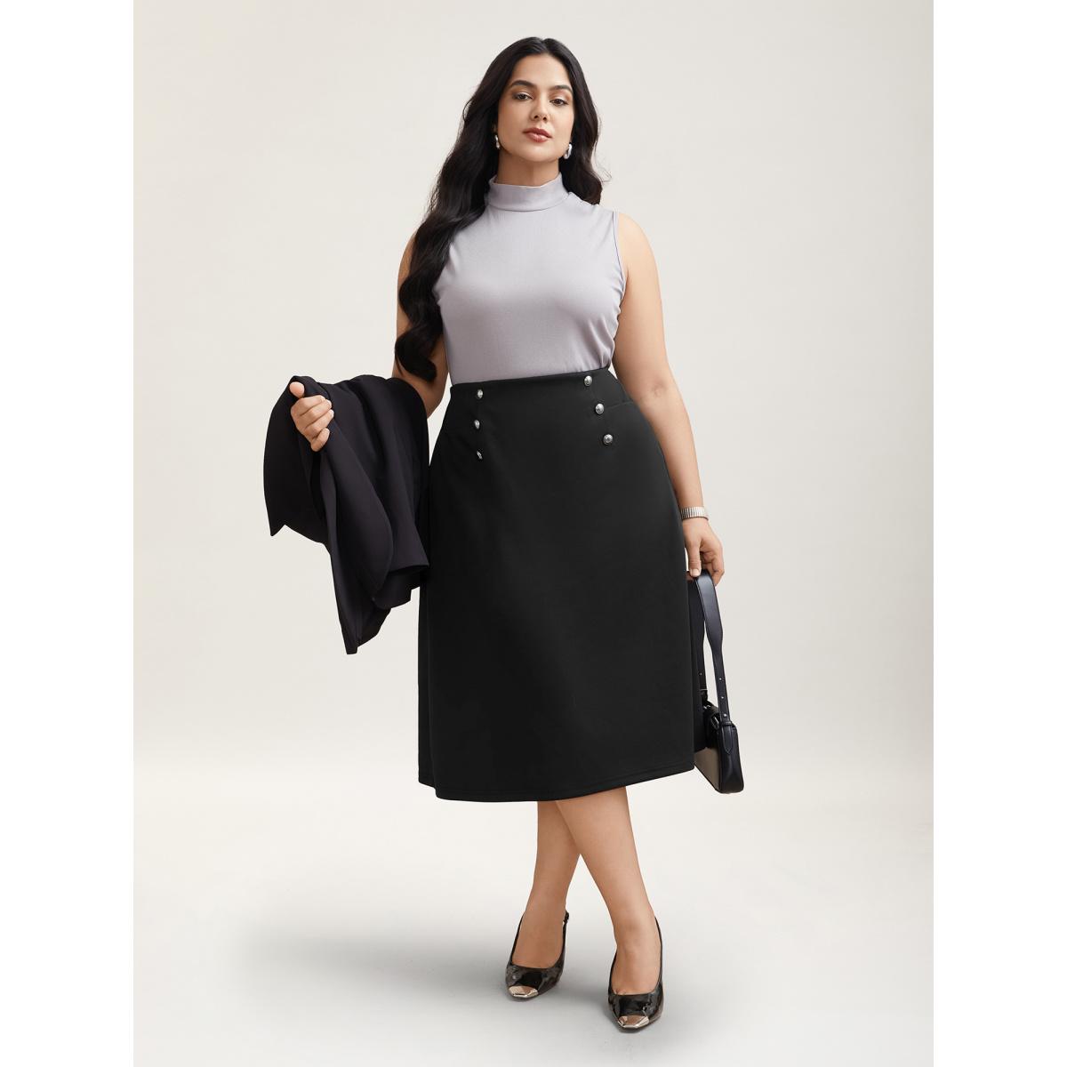 Plus Size Buckle Side Buttons Flared Midi Skirt Women Black At the Office Button Medium stretch Slanted pocket Work Skirts BloomChic 10/M Product Image