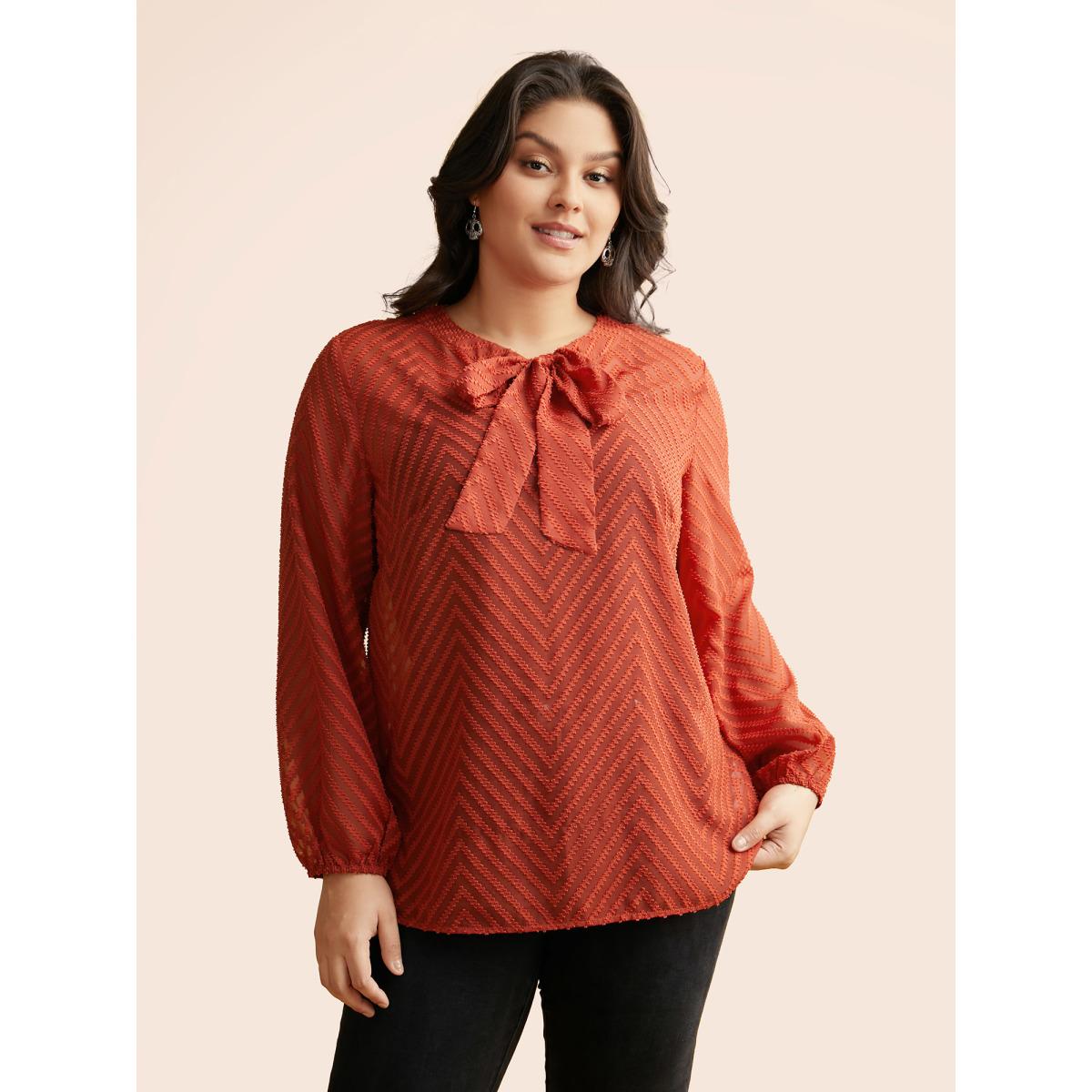 Plus Size Rust Wicked Neck Ribbon Lantern Sleeve Blouse Women Elegant Long Sleeve Ribbon-tied collar Everyday Blouses BloomChic 28/5X Product Image