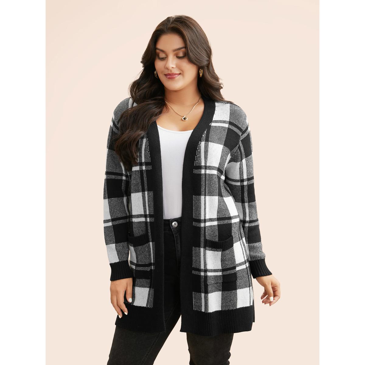 Plus Size Kimono Collar Plaid Slit Hem Cardigan Black Women Leisure Loose Long Sleeve Casual Cardigans BloomChic 10/M Product Image