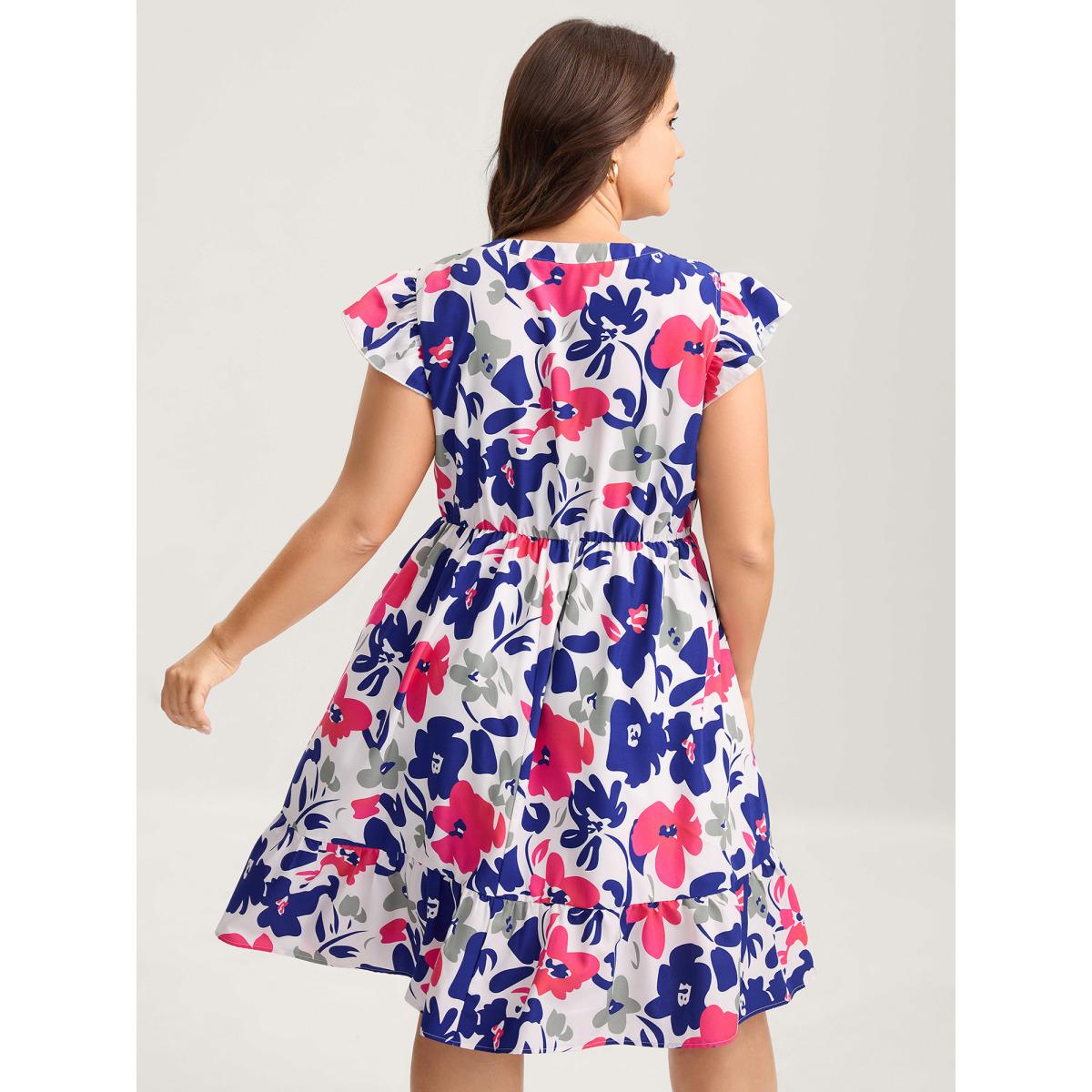 Plus Size Color Block Floral Print Notched Midi Dress Navy Women Romantic Flat collar with V-notch Cap Sleeve Curvy BloomChic 26/4X Product Image
