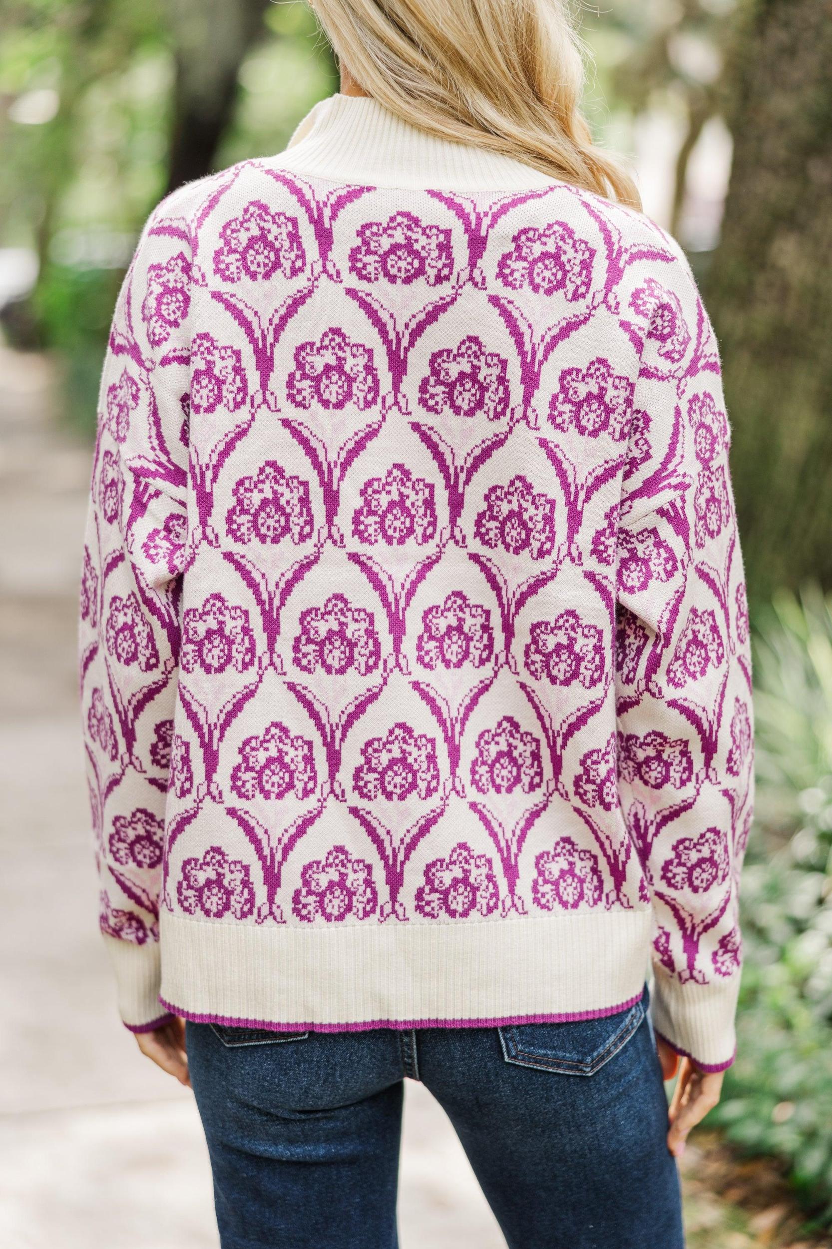 Cross Your Mind Magenta Printed Pullover Sweater Female Product Image