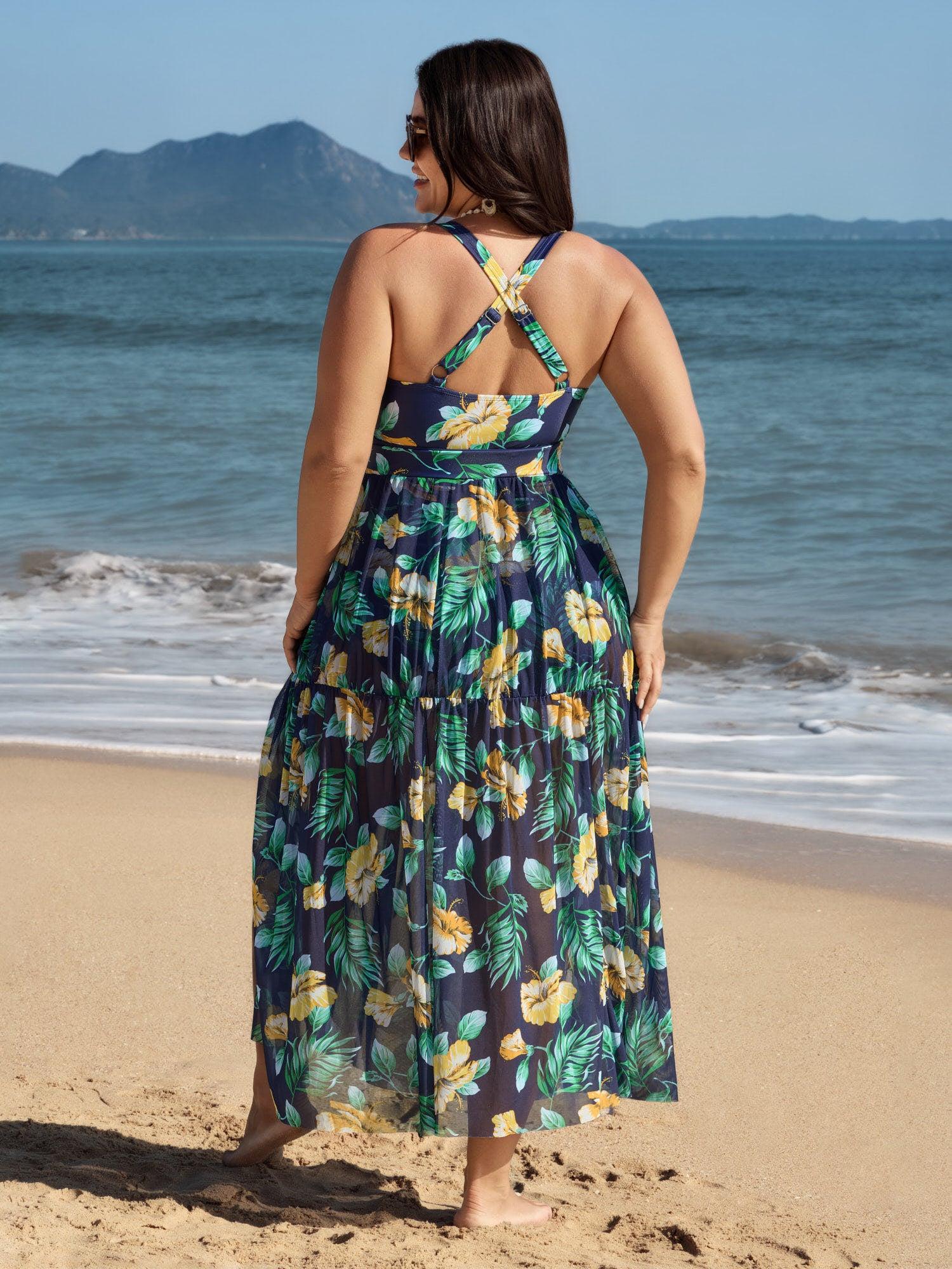 Tropical Print One Piece Swimsuit Sarong Set Female Product Image