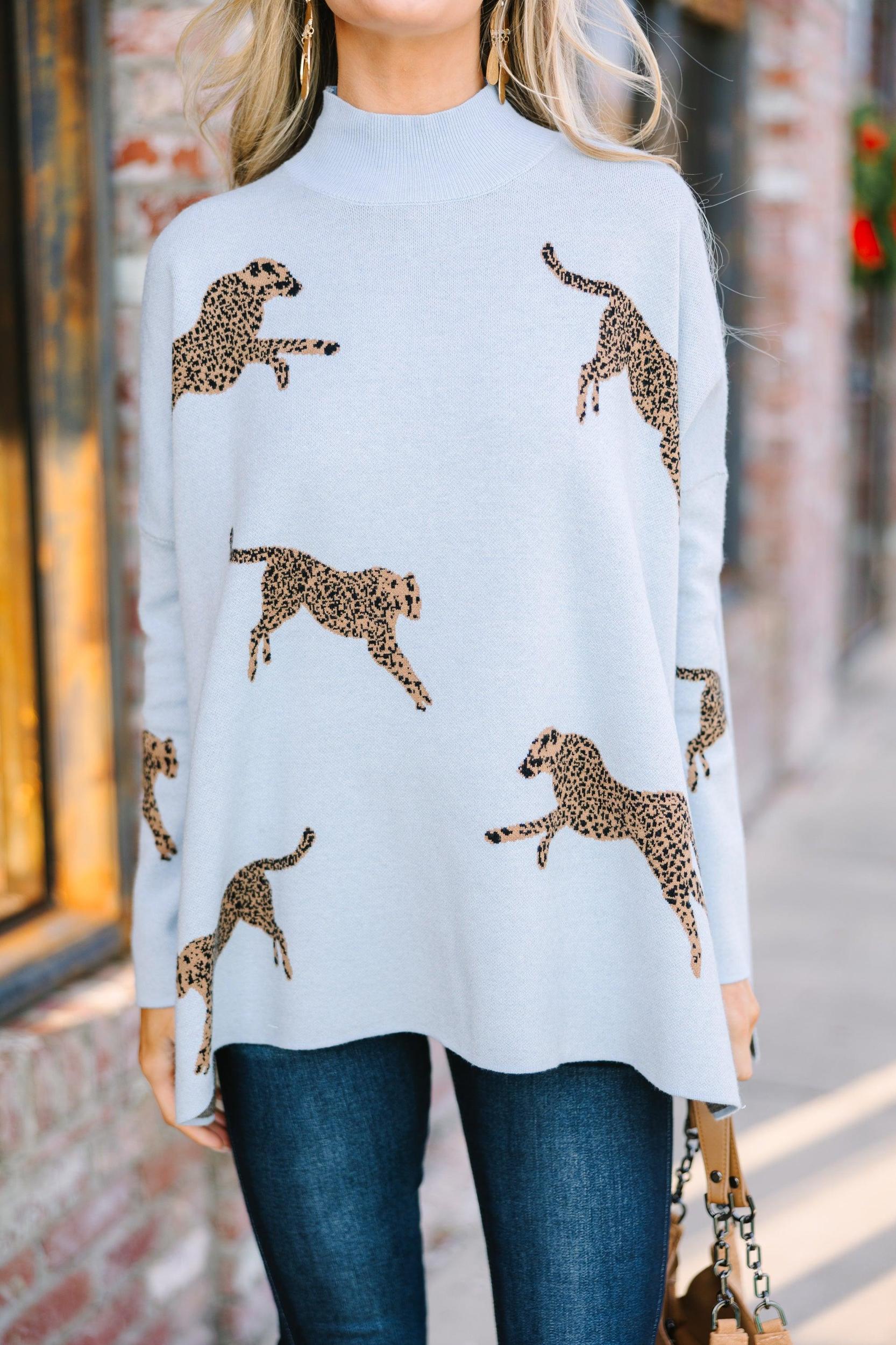 Quick Decisions Light Blue Cheetah Sweater Female Product Image