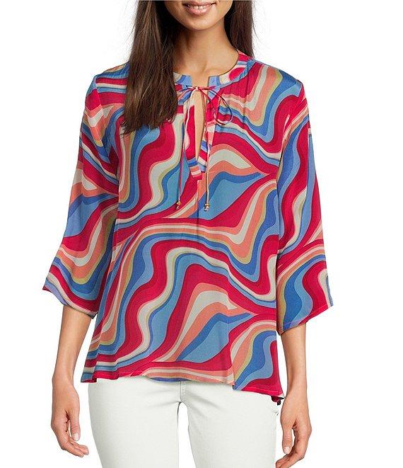 APNY Printed Tassel V-Neck 3/4 Sleeve Blouse Product Image