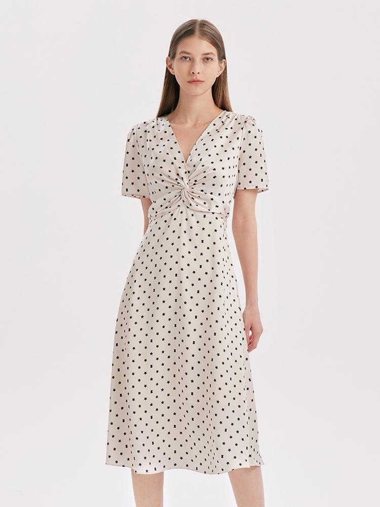 Beige Combo Print V-Neck Twisted Polka Dot Midi Dress Product Image