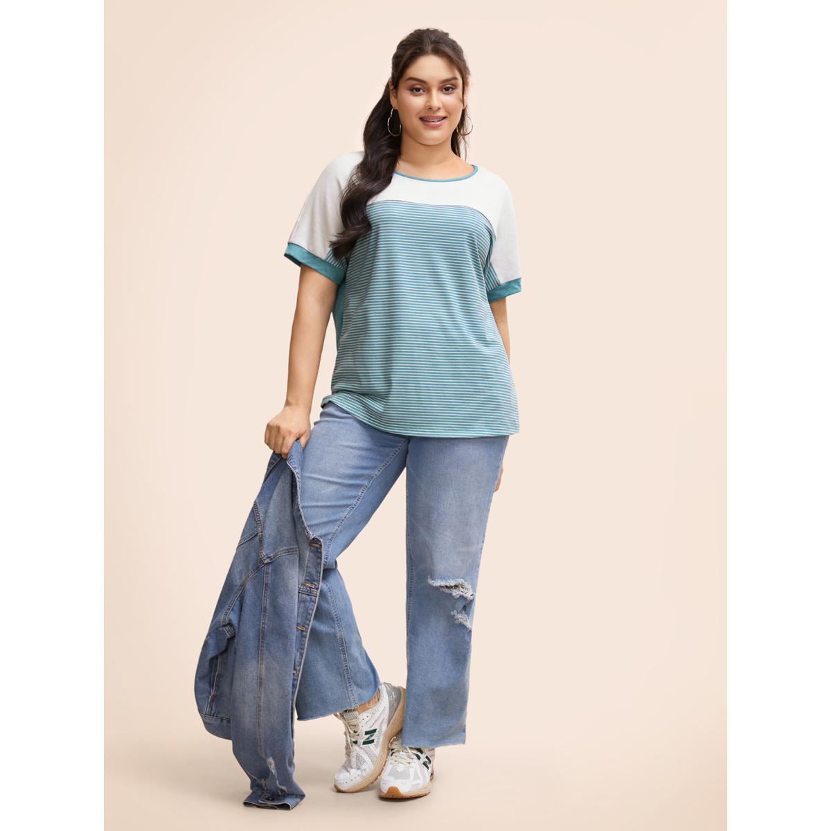 Plus Size Round Neck Striped Patchwork Contrast T-shirt Cerulean Women Casual Contrast Round Neck Everyday T-shirts BloomChic 14-16/1X Product Image
