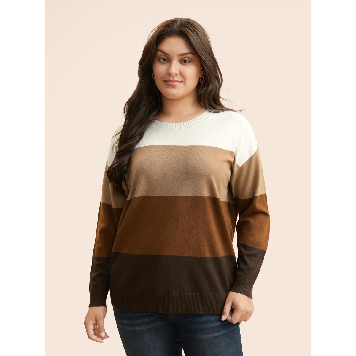 Plus Size Supersoft Essentials Colorblock Contrast Drop Shoulder Pullover Browncoffeecolor Women Casual Loose Long Sleeve Round Neck Everyday Pullovers BloomChic 28/5X Product Image