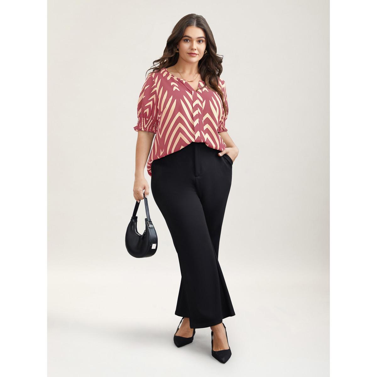 Plus Size Peach Geometric Print Ruffled Shirred Shirt Women At the Office Half Sleeve Flat collar with V-notch Work Blouses BloomChic 22-24/3X Product Image