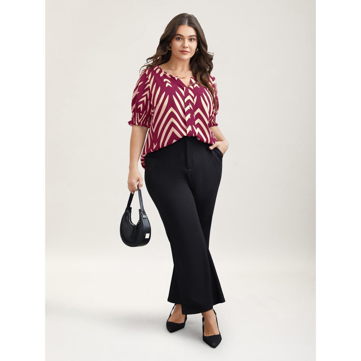 Plus Size Black Geometric Print Ruffled Shirred Shirt Women Office Half Sleeve Flat collar with V-notch Office Blouses BloomChic 26/4X Product Image