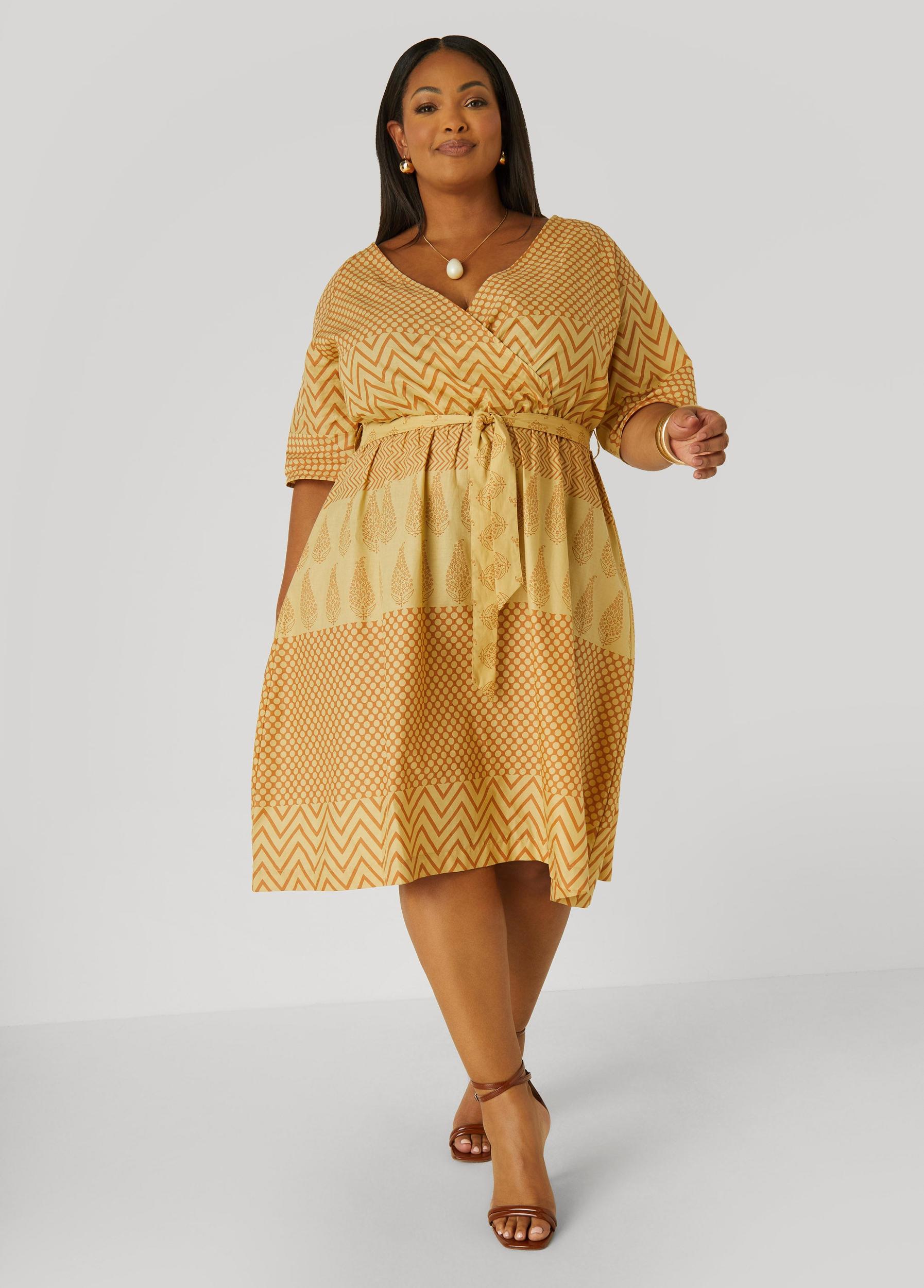 Plus Size Printed Cotton Faux Wrap Dress Ashley Stewart Product Image