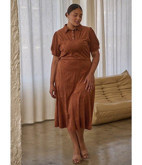 Sugarlips Plus Size Puffed Sleeve Asymmetrical Ruffle Faux Suede Midi Dress Product Image