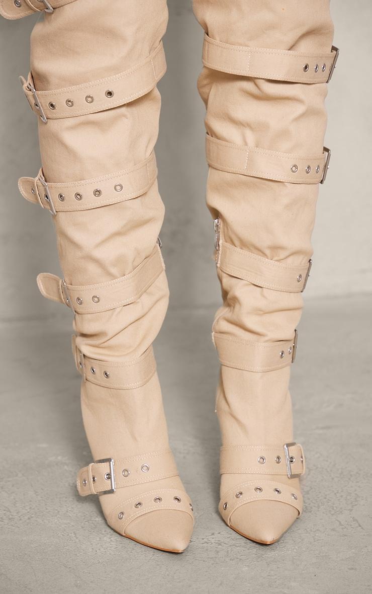 Stone Denim Point Toe Buckled Over The Knee Heeled Boots Product Image