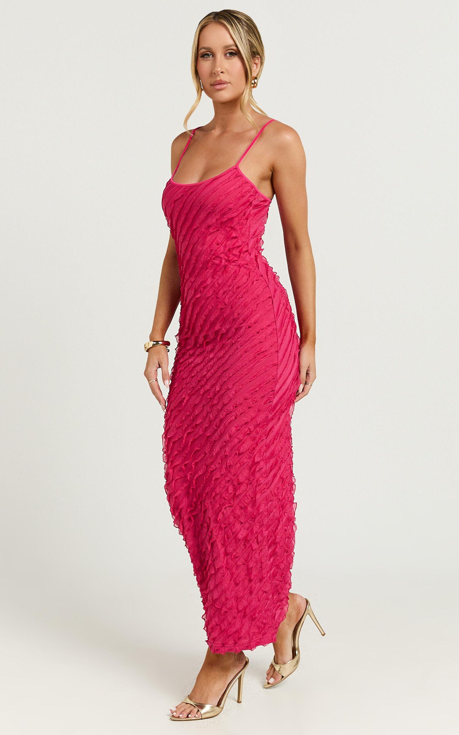 Lilibeth Midi Dress - Strappy Frill Detail Slip Dress in Pink Product Image