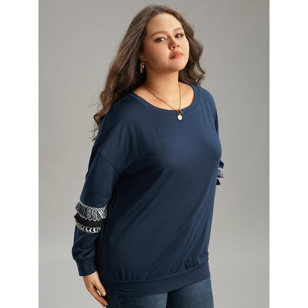Plus Size Tassels Trim Layered Patchwork Sweatshirt Women DarkBlue Elegant Tassels Round Neck Dailywear Sweatshirts BloomChic 28/5X Product Image