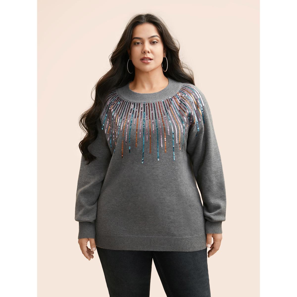 Plus Size Supersoft Essentials Sequin Raglan Sleeve Pullover DimGray Women Casual Loose Long Sleeve Round Neck Everyday Pullovers BloomChic 18-20/2X Product Image