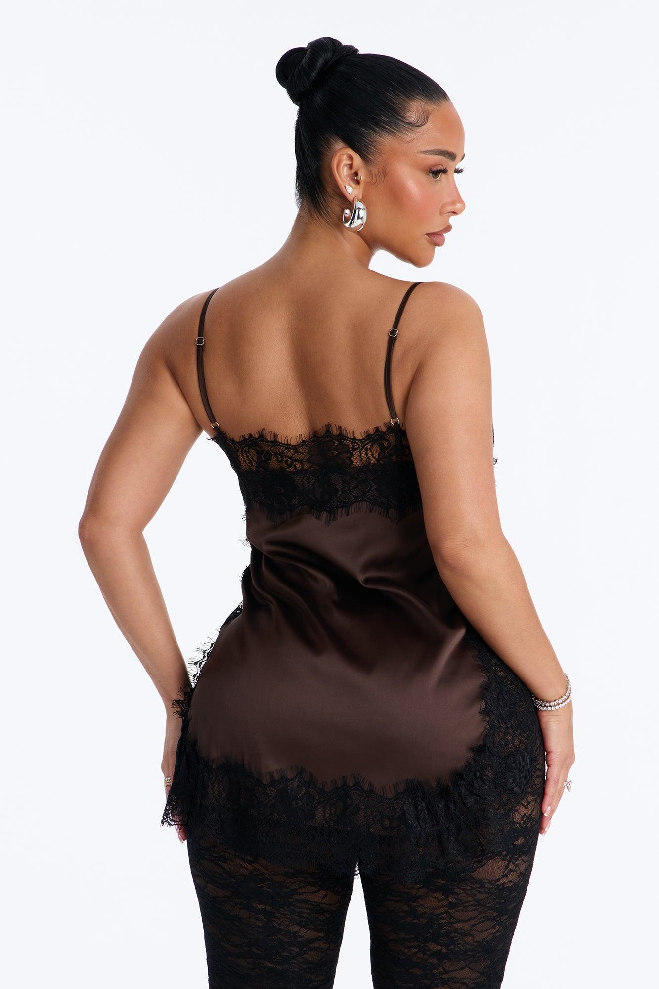 No Filter Needed Lace Trim Satin Top - Brown/combo Female Product Image