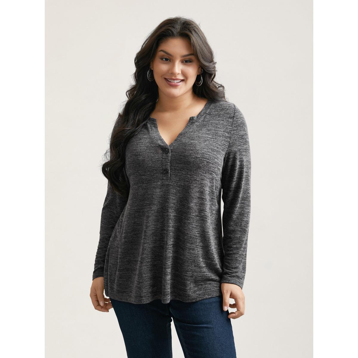 Plus Size Heather Textured Button-Front Fitted T-Shirt DimGray Women Casual Button Notched collar Bodycon Everyday T-shirts BloomChic 10/M Product Image