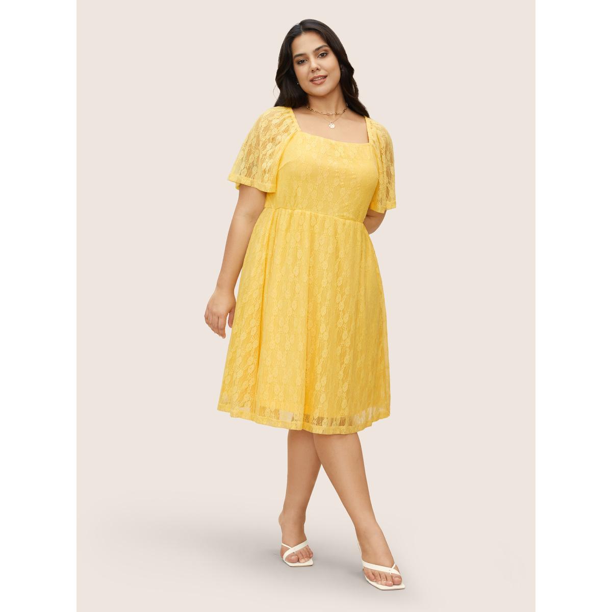 Plus Size Crochet Lace Mesh Ruffle Sleeve Dress Yellow Women Elegant Woven ribbon&lace trim Square Neck Short sleeve Curvy BloomChic 26/4X Product Image