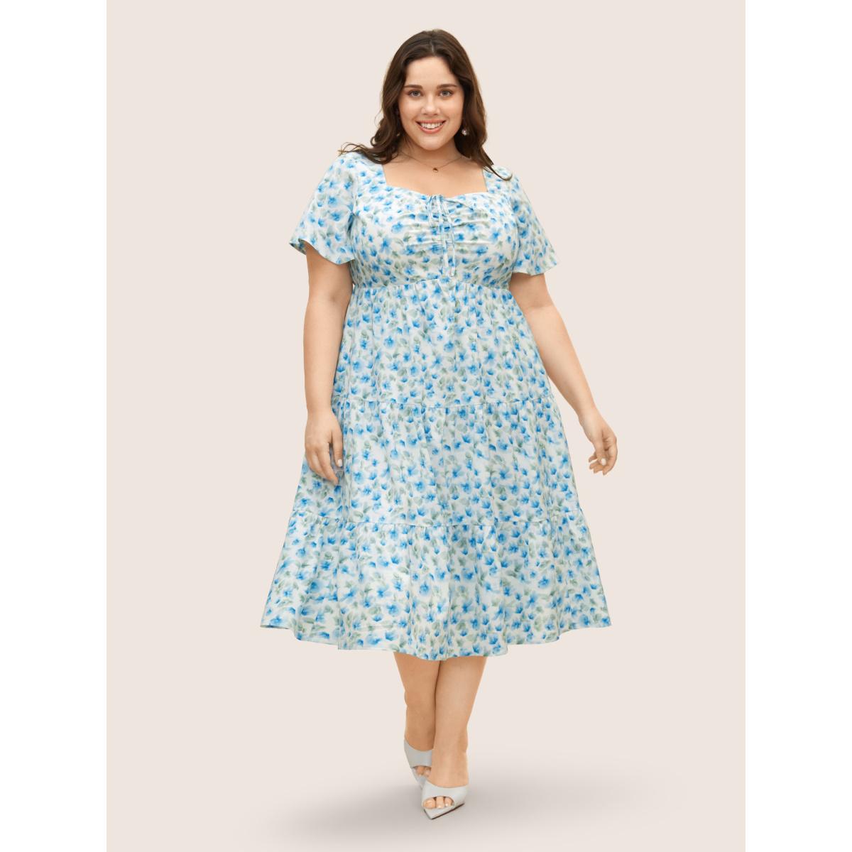 Plus Size Watercolor Floral Drawstring Ruffle Sleeve Midi Dress Skyblue Women Elegant Drawstring Square Neck Short sleeve Curvy BloomChic 26/4X Product Image