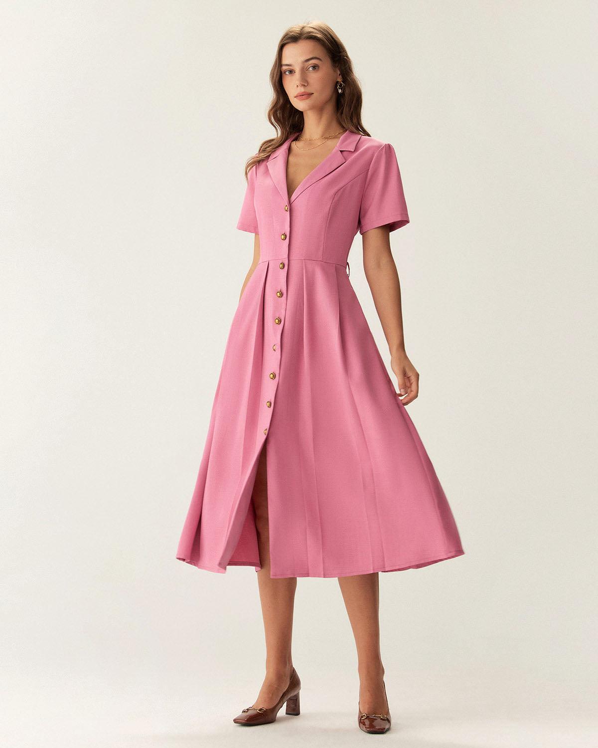 Rose Red V-Neck Button Midi Dress Product Image