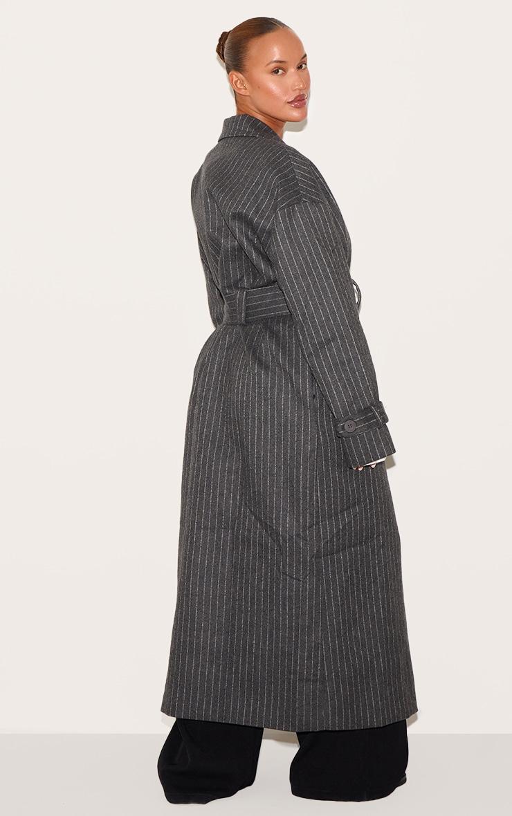 Plus Charcoal Pinstripe Wool Look Double Breasted Belted Coat Product Image