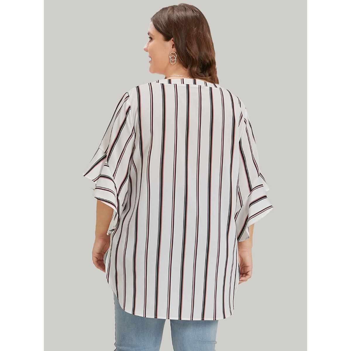 Plus Size White Striped Contrast Notched Bell Sleeve Split Side Blouse Women Office Elbow-length sleeve Notched collar Dailywear Blouses BloomChic 12/L Product Image