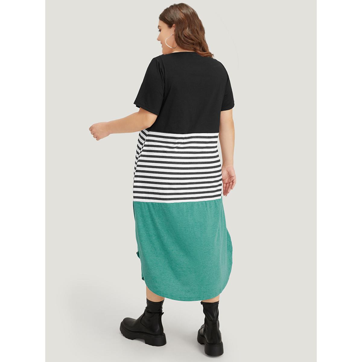 Plus Size Supersoft Essentials Striped Colorblock Arc Hem Button Detail Dress Black Women Casual Arc Hem Round Neck Short sleeve Curvy Midi Dress BloomChic 30/6X Product Image