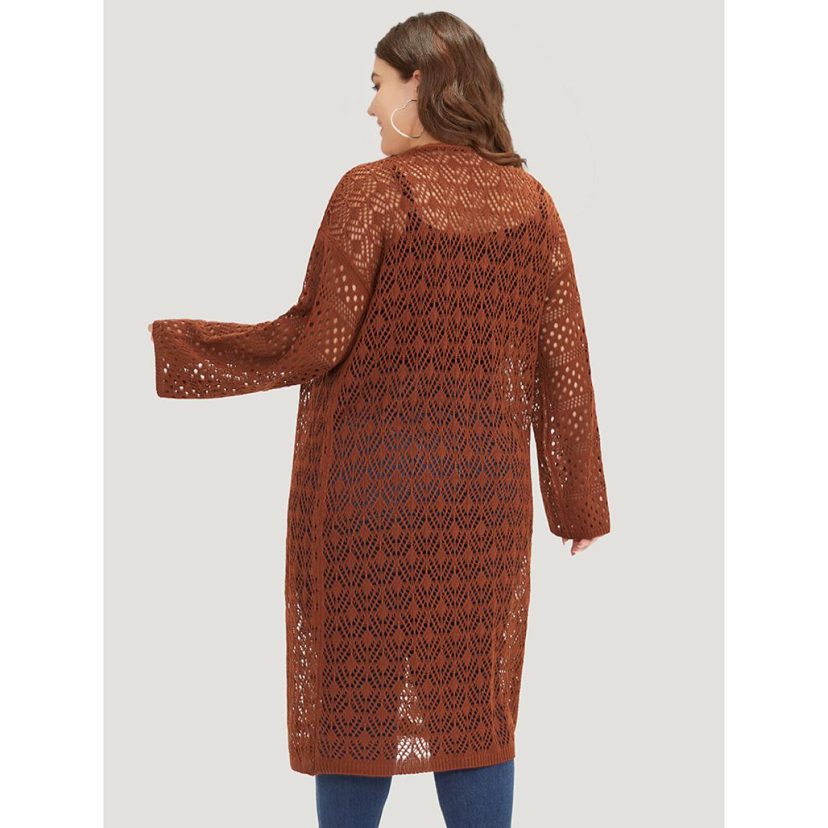 Plus Size Plain Hollow Out Split Side Maxi Cardigan Maroon Women Casual Loose Long Sleeve Dailywear Cardigans BloomChic 10/M Product Image