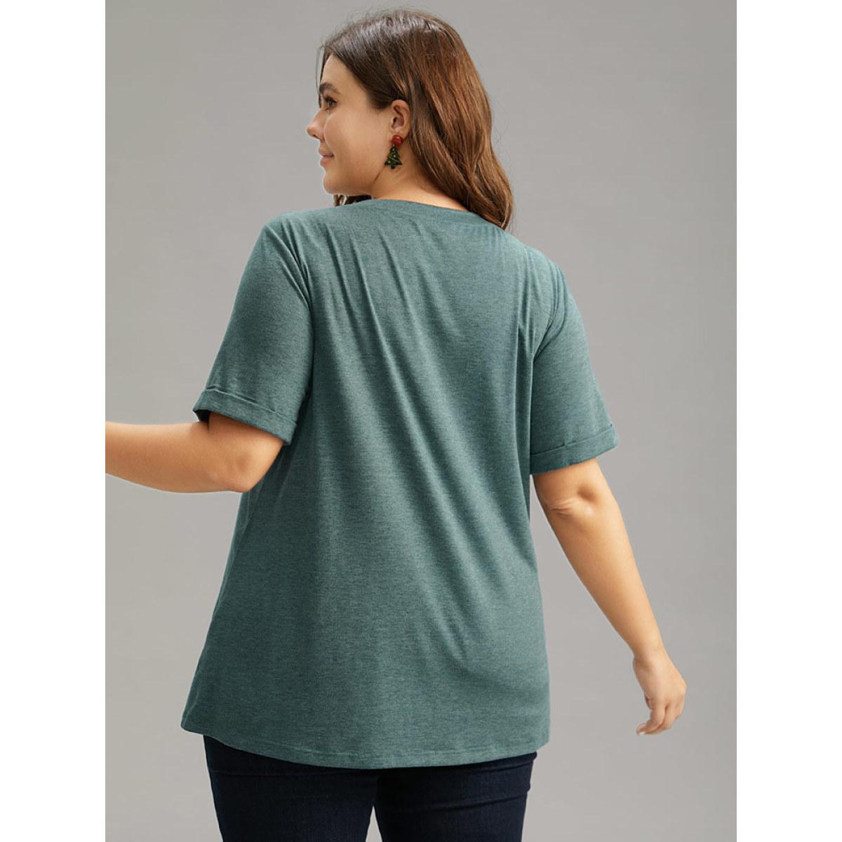 Plus Size Christmas Trees Print Cuffed Sleeve T-shirt DarkGreen Women Casual Printed Christmas Festival-Christmas T-shirts BloomChic 10/M Product Image
