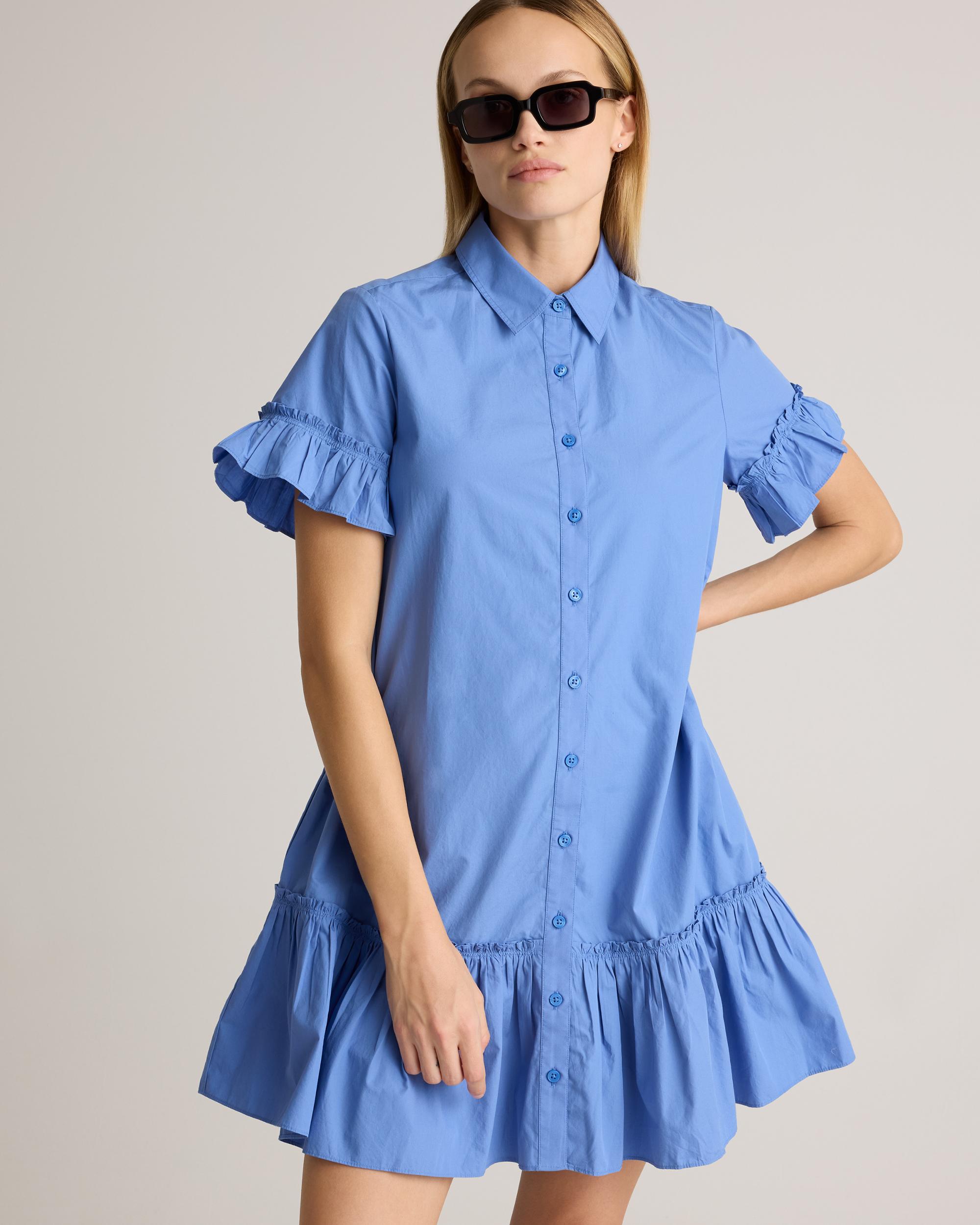 Quince | Women's Poplin Short Sleeve Ruffle Shirt Dress Organic Cotton Product Image
